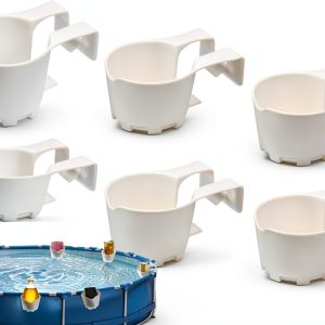 6pcs Poolside Cup Holders for Above Ground Pools,Pool Cup Holders for Drinks,Plastic Drinks Cup Holder for 2 Inch or Less Poolside Round Top Bar (6, White)-0