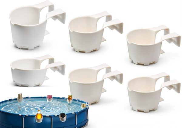 6pcs Poolside Cup Holders for Above Ground Pools,Pool Cup Holders for Drinks,Plastic Drinks Cup Holder for 2 Inch or Less Poolside Round Top Bar (6, White)-0